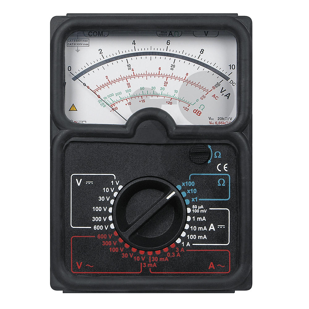 Peak Tech Multimètre analogique CAT III 600 V ; ampèremètre DC 10 A ;  voltmètre 500 V AC/DC ; ohms M – Détecteur de passage, 1 pièce, P 3201